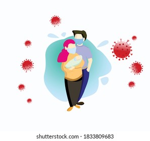 Family protected from corona viruses by wearing medical mask. vector illustration of healthy family
