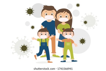 The family is protecting children and them from the COVID-19 virus and wearing masks and stopping the spread of the virus.Coronavirus quarantine. Vector illustration