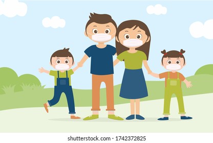 The family is protecting children from the viruses around them and wearing masks to stop the spread of the disease.Coronavirus quarantine. Vector illustration