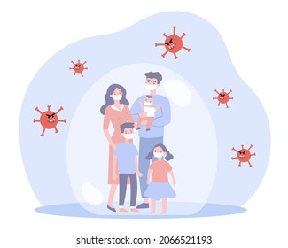 Family protecting from coronavirus with medical masks. Virus cells attacking bubble with people flat vector illustration. Coronavirus protection concept for banner, website design or landing web page