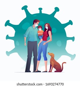 Family is protecting their child and them to virus COVID-19 and are wearing masks and stop the spread of viruses. Coronavirus quarantine. Vector illustration.