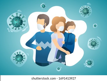 Family is protecting their child from virus COVID-19. People wearing masks and stop the spread of viruses. Coronavirus quarantine. Vector flat illustration concept.