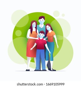 Family is protecting their children and them from virus COVID-19 and are wearing masks and stop the spread of viruses. Coronavirus quarantine. Vector illustration