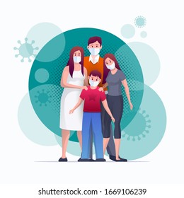 Family is protecting their children and them from virus COVID-19 and are wearing masks and stop the spread of viruses. Coronavirus quarantine. Vector illustration