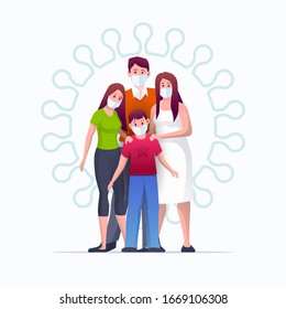 Family is protecting their children and them from virus COVID-19 and are wearing masks and stop the spread of viruses. Coronavirus quarantine. Vector illustration