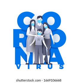 Family is protecting their children and them from virus COVID-19 and are wearing masks and stop the spread of viruses. Coronavirus quarantine. Vector illustration