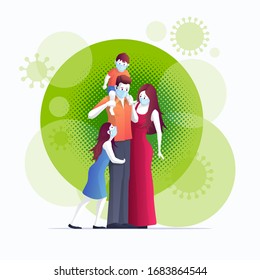 Family is protecting their children and them to virus COVID-19 and are wearing masks and stop the spread of viruses. Coronavirus quarantine. Vector illustration.