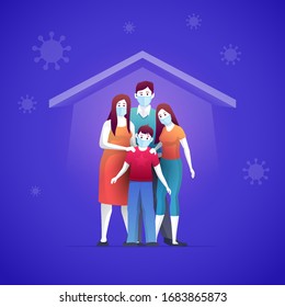 Family is protecting their children and them to virus COVID-19 and are wearing masks and staying at home stop the spread of viruses. Coronavirus quarantine. Vector illustration.