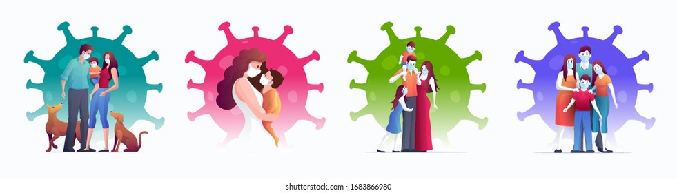 Family is protecting their children and them to virus COVID-19 and are wearing masks and stop the spread of viruses. Coronavirus quarantine. Vector illustration s