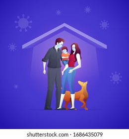 Family is protecting their children and them to virus COVID-19 and are wearing masks and staying at home stop the spread of viruses. Coronavirus quarantine. Vector illustration.