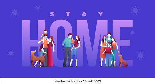Family is protecting their children and them to virus COVID-19 and are wearing masks and staying and home to stop the spread of viruses. Coronavirus quarantine. Vector illustration.