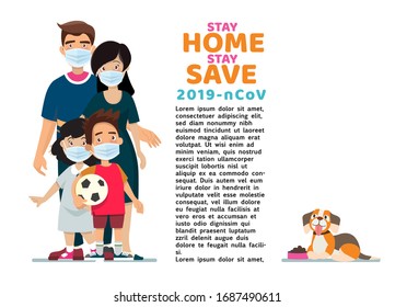 Family is protecting their children and them from virus COVID-19 and are wearing masks and stop the spread of viruses. Dad Mom Daughter Son wearing a surgical mask. Coronavirus quarantine.