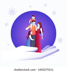 Family is protecting their children and them to virus COVID-19 and are wearing masks and staying at home stop the spread of viruses. Coronavirus quarantine. Vector illustration.