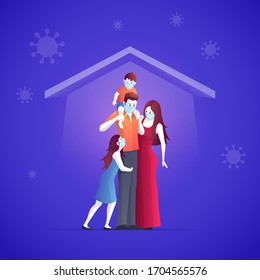 Family is protecting their children and them to virus COVID-19 and are wearing masks and staying at home stop the spread of viruses. Coronavirus quarantine. Vector illustration.