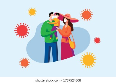 Family is protecting their children and them from virus COVID-19 and are wearing masks and stop the spread of viruses. Coronavirus quarantine. Vector illustration