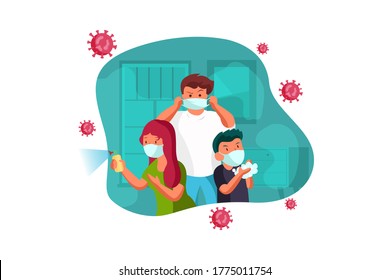 A family is protecting themselves from disease together. Vector Illustration concept. svg