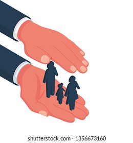 Family protection 3d style. Insurance concept. Insurance agent hold in hand family symbol. Vector illustration isometric design. Isolated on background. Health care, safety. Paper chain people.