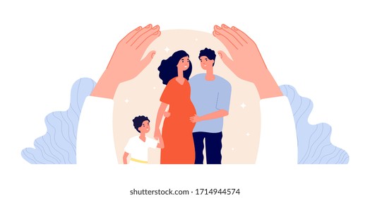 Family Protection. Children Adult Support, Patient Protected. Hand Hug People. Pregnant Woman, Father And Mother. Parenthood Vector Concept