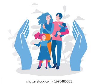 Family Protection with Children. Vector illustration for web banner, infographics, mobile. State Protection for Families