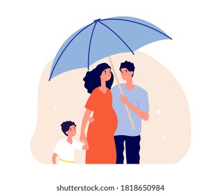 Family Protection Concept. Man Holding Umbrella Under Pregnant Wife And Son. Happy Parents, Adults And Child. Life Insurance, Social Protect Metaphor Vector Illustration