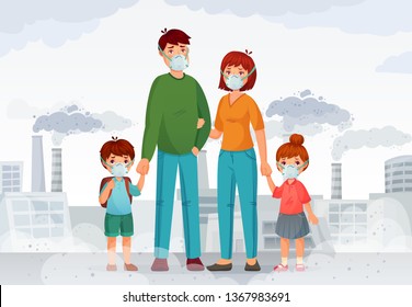 Family Protection From Contaminated Air. People In Protective N95 Face Masks, Industry Smoke And Safe Mask. Environment Toxic Gas Pollution, Nuclear Factory Danger Cartoon Vector Illustration