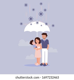 Family protection from corona virus concept. Father using umbrella to protect mother and son from danger. Flat design vector.