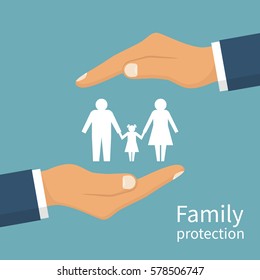 Family protection. Insurance concept. Insurance agent holds in hands family symbol. Vector illustration flat design. Isolated on white background. Health care, safety. helping. Paper chain people.