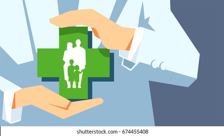 Family protection. Insurance concept. Agent or doctor holds in hands family symbol isolated on gray background.