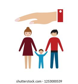 Family Protection. Insurance Concept. Vector Illustration Flat Design. Paper Chain People. Agent Hand Protects The Family. Health Care, Safety. Helping.