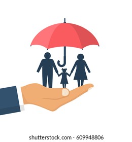 Family protection. Insurance concept. Vector illustration flat design. Isolated on white background. Paper chain people. Agent hold umbrella hand protects the family. Health care, safety. helping.