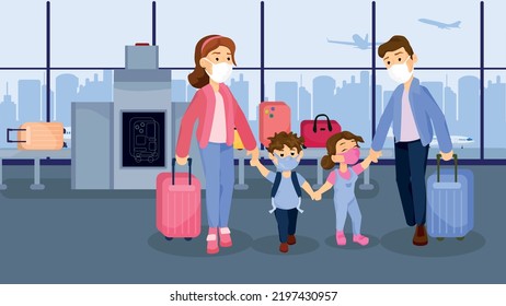 Family in protection masks in airport. Vector illustration.