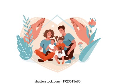 Family protection, support with children vector background. Mother, father, daughter and son sitting together and hugging each other. Hands hug people, flowers and leaves nature. Home concept.