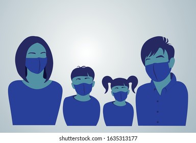 Family In A Protective Mask. Vector Illustration Blue. Man Woman Child Reserved. Health Care. Mask For The Face. Anti-influenza Anti-dust Antivirus. The Masked Doctor. Dentist Mask. Healthy Family.