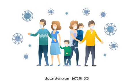 Family in protective masks attacked by coronavirus bacteria. Mother, father and son in danger situation. Epidemic MERS-CoV virus 2019-nCoV. Vector flat illustration concept on white background.