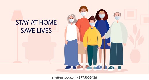 Family In Protective Masks Inside The House. Stay At Home. 2d Flat Animation	