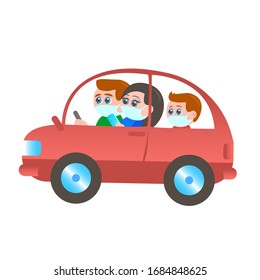 A Family In Protective Masks Rides A Car. Father, Mother And Son. An Epidemic Or Quarantine. Vector Cartoon Isolated Illustration.