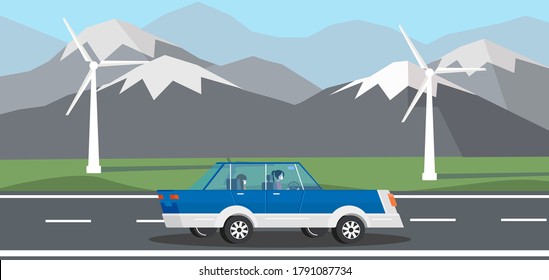 A family in protective masks rides in a vacation, trip with a car. The car rides along the road in the hills, against the backdrop of mountain and windmills. 
An epidemic or quarantine. 