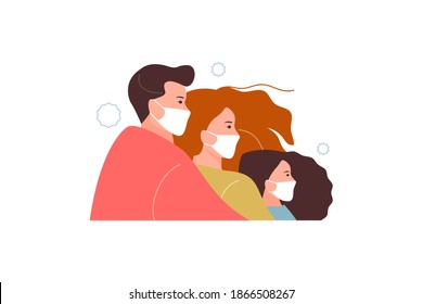 Family in protective masks. Stop coronavirus prevention vector banner