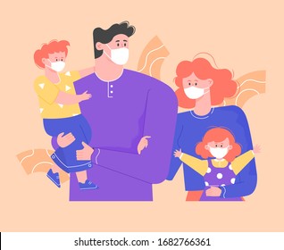 Family in protective medical masks. Dad, mom, son and daughter together do not spread the viral infection. Health and responsible behavior during a pandemic and quarantine. Vector flat illustration.