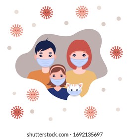 Familia con máscaras médicas protectoras, quédense en casa. Concepto de autoaislamiento como precaución contra la enfermedad covid-19 del coronovirus, ilustración vectorial de stock para la web y la impresión. 