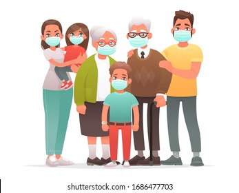 Familia con máscaras médicas protectoras. Madre, padre, abuelos, hijos se protegen del virus o de la contaminación del aire.Coronavirus. Ilustración vectorial en estilo de caricatura