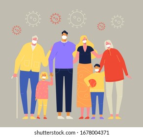 The Family Protects Against Coronavirus Using Masks. Stop The Pandemic COVID-19. Older, Adult People And Children In Medical Face Mask. Vector Illustration In Flat Design. 