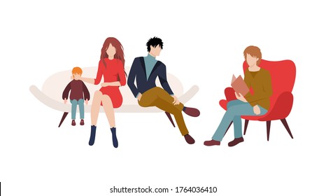 Family psychiatrist background. Modern illustration slider site page. Concept of a family session with a psychiatrist. Web banner family at a psychiatrist's appointment. Vector design image.