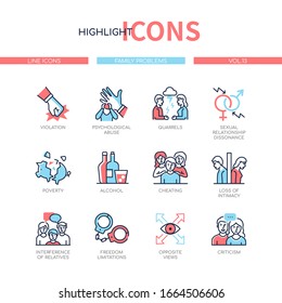 Family Psychological Problems - Line Design Style Icons Set With Blue, Red Color Filling. Troubles With Relationships Of Wife And Husband, Parents And Children. Violation, Abuse, Quarrels, Criticism