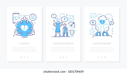 Family psychological problems line design style web banners with copy space for text. Therapy for couples concept. Cheating, high expectations, relationship, communication issues illustrations