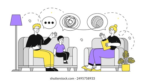 Family psychologist concept. Man with child came for consultation with psychologist. Mental and psychological problems. Negative feelings and emotions. Linear vector illustration