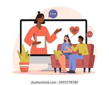 Family psychologist concept. Woman counseling young couple on Internet. Mental support and practice. Pair with online consultation. Flat vector illustration isolated on white background