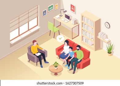 Family at psychologist counseling, vector isometric illustration of people at psychologist counselor couch. Man and woman with son at psychology counseling session, family and kid relationship problem