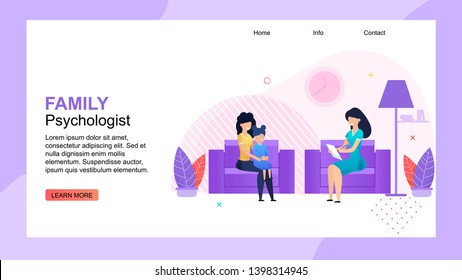 Family Psychologist Landing Page. Counseling Woman and Mother with Calm Daughter. Psychological Therapy Session with Patients. Kid Stress, Addictions, Mental Problems Treatment Vector Illustration