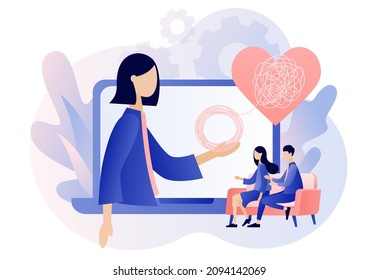 Family psychologist. Male and female psychology. Tiny couple decides mental problems on private online counseling. Psychotherapy. Psychological help. Modern flat cartoon style. Vector illustration